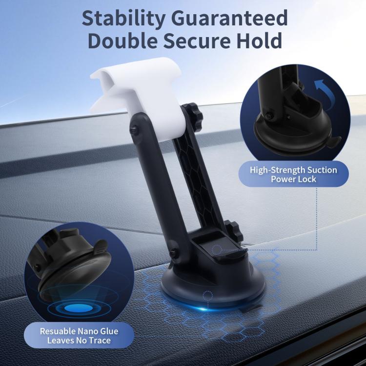 Car dashboard device mount with white holder, black suction base and lock knob for stability