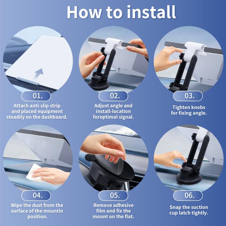 Car dashboard device mount with white holder, black suction cup, and adjustable locking knobs