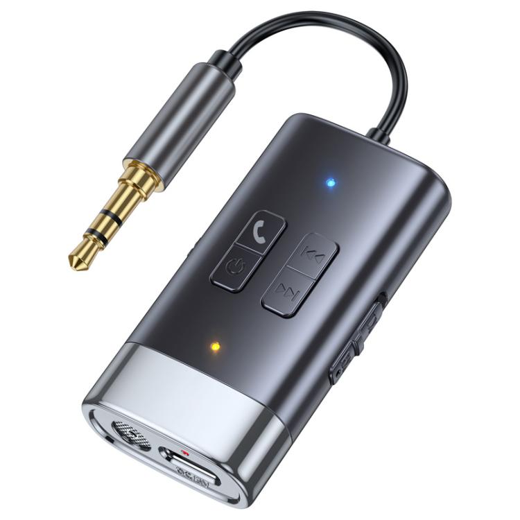 Bluetooth car AUX adapter with 3.5mm gold plug and control buttons, dark gray and silver