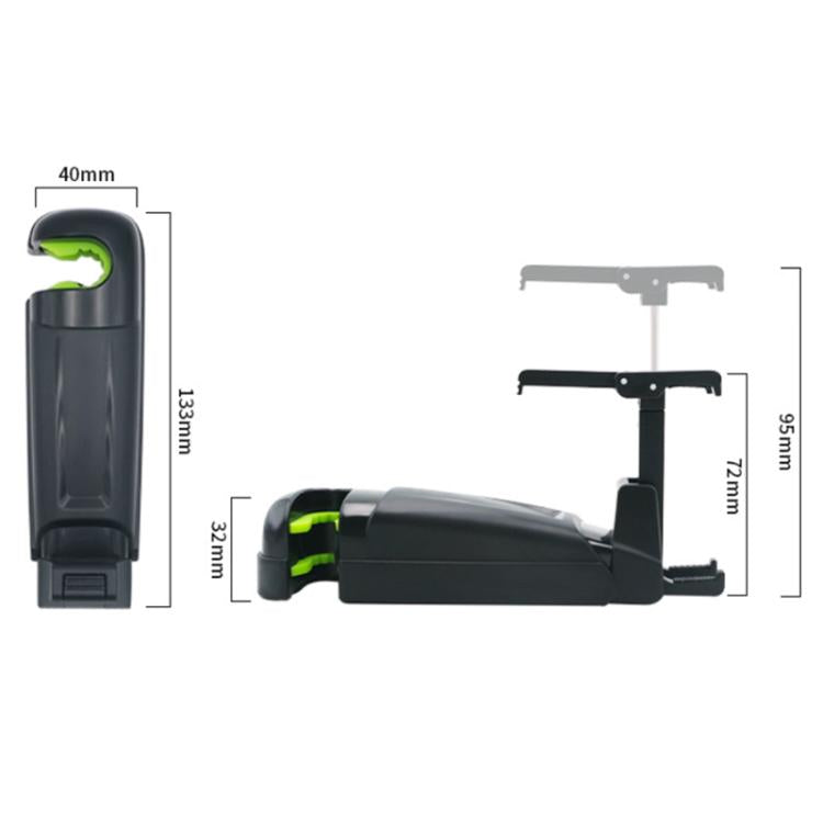 Extendable car phone holder dimensions diagram with clip and mounting hooks