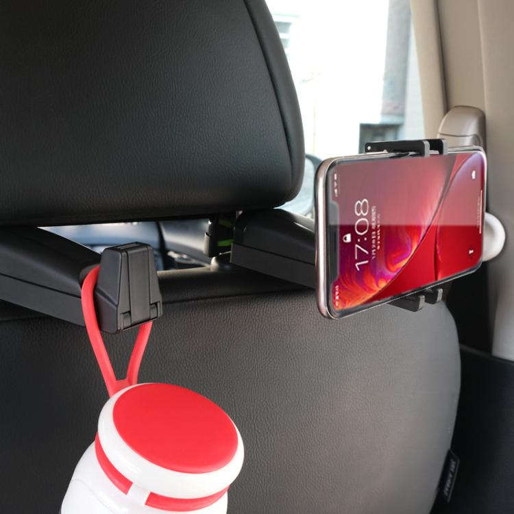 Car phone holder holding a smartphone on the headrest, with hook clip grip