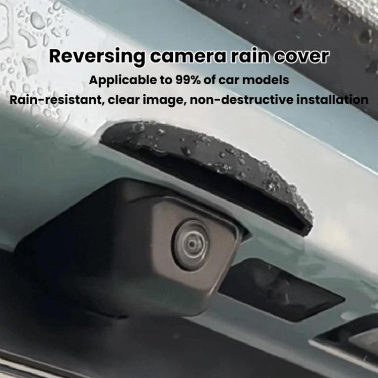 Clear silicone rear camera rain cover with curved hood over backup camera