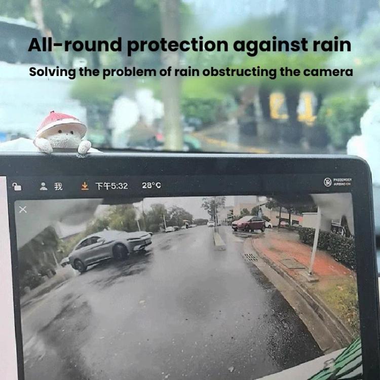 Silicone rain cover installed over rear view camera to help keep it clear