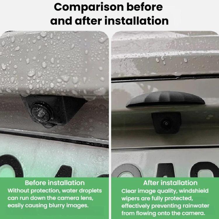 Rear camera rain shield shown before and after installation, curved visor