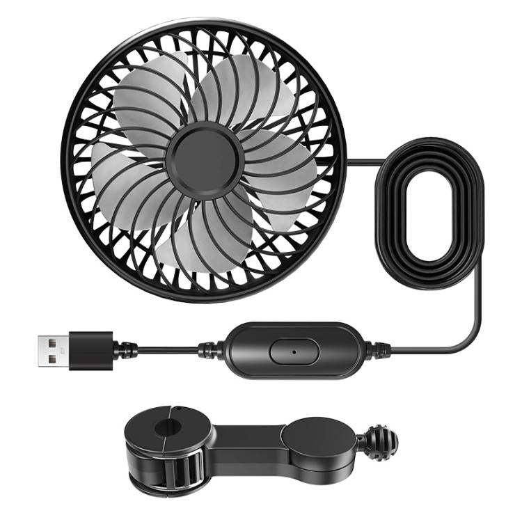 Black USB clip-on car rear fan with five-blade turbine grille and coiled cable