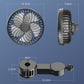 Black clip-on car fan with adjustable headrest mount and compact fan grille
