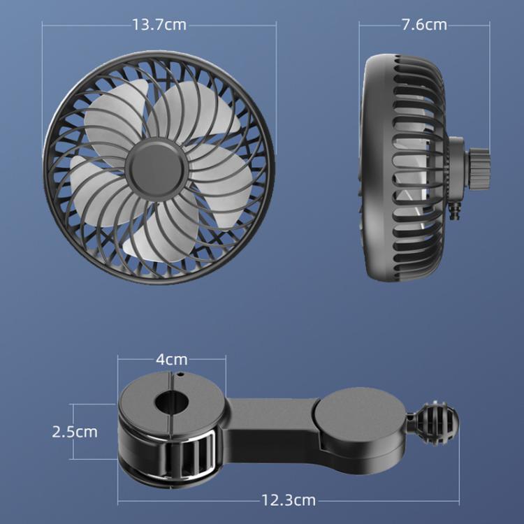 Black clip-on car fan with adjustable headrest mount and compact fan grille