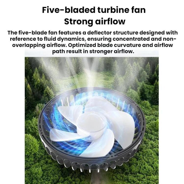 Five-blade turbine fan with circular grille and swirling airflow effect