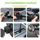 USB car fan installation on headrest bar with mounting and cable connection steps
