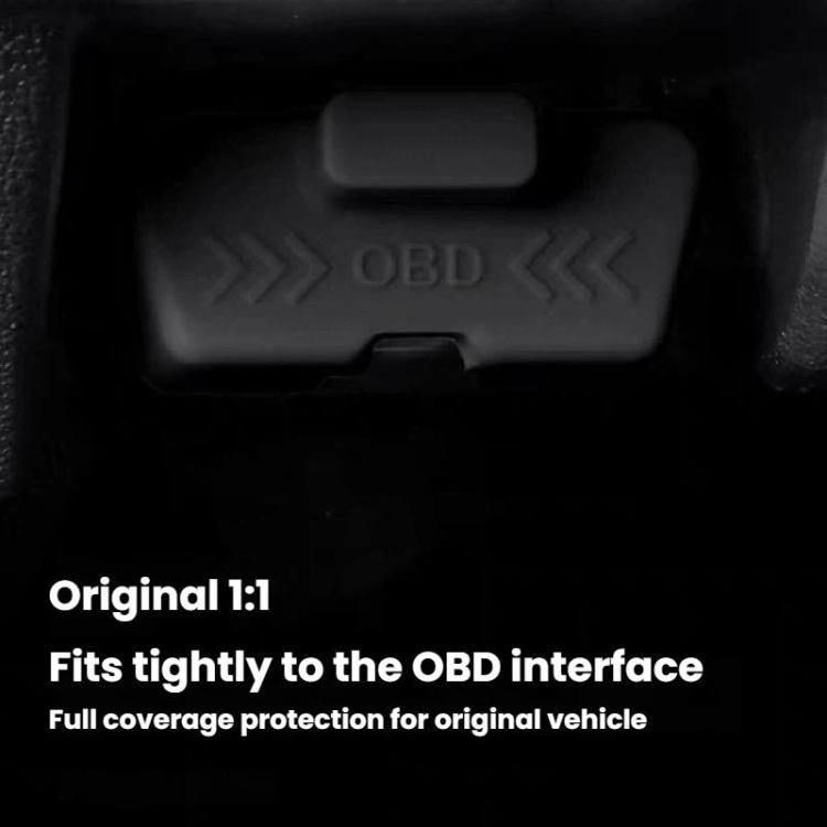 Dark silicone OBD diagnostic port cover shield with raised OBD marking