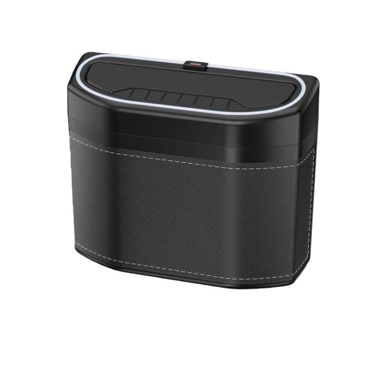 Black side-mounted car storage trash can with hinged lid and embossed grip base