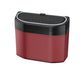 Red and black car trash can storage box with hinged top lid and side seam stitching