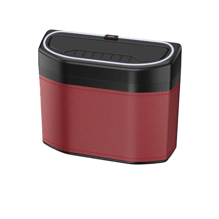 Red and black car trash can storage box with hinged top lid and side seam stitching