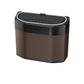 Brown and black car trash can storage box with hinged top lid and stitched edge detail