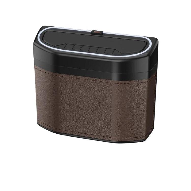 Brown and black car trash can storage box with hinged top lid and stitched edge detail