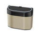 Beige and black car trash can storage box with hinged lid and stitched side panel