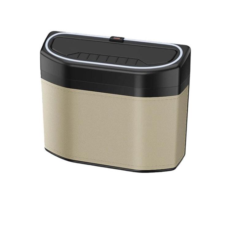 Beige and black car trash can storage box with hinged lid and stitched side panel