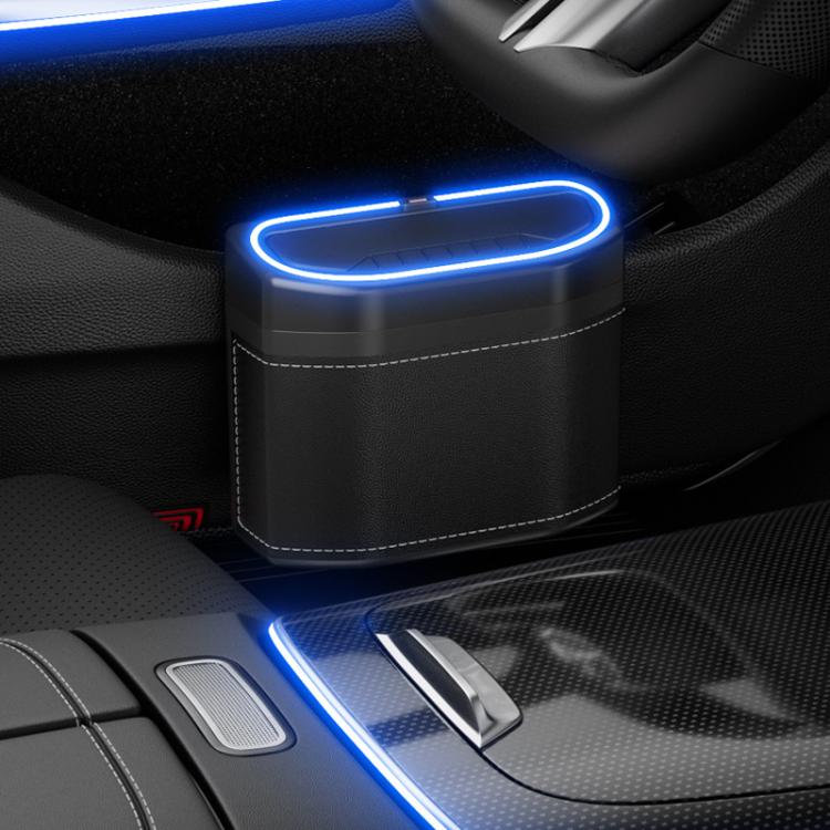 Car trash can side-mounted storage box, black with built-in blue light on top