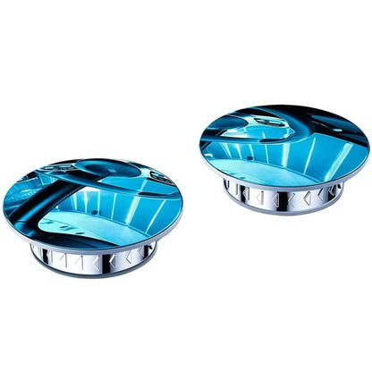 Round frameless suction cup mirror, blue reflective glass with metal base