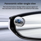 Frameless panoramic rearview mirror with round lens mounted on curved black arm