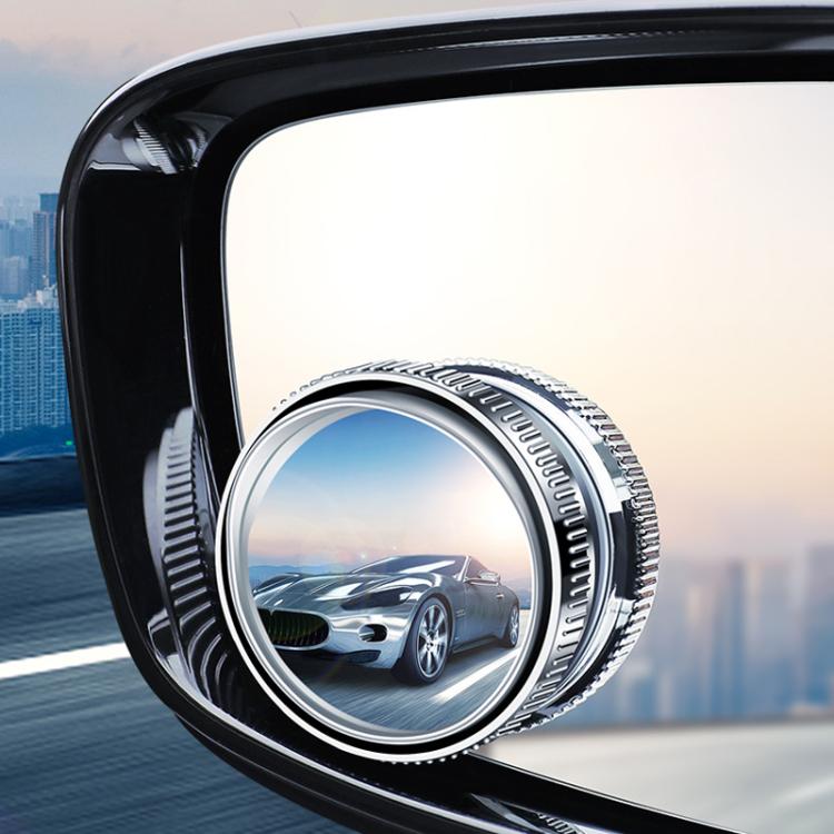 Wide-angle reversing mirror with suction mount attached, circular chrome-ring lens