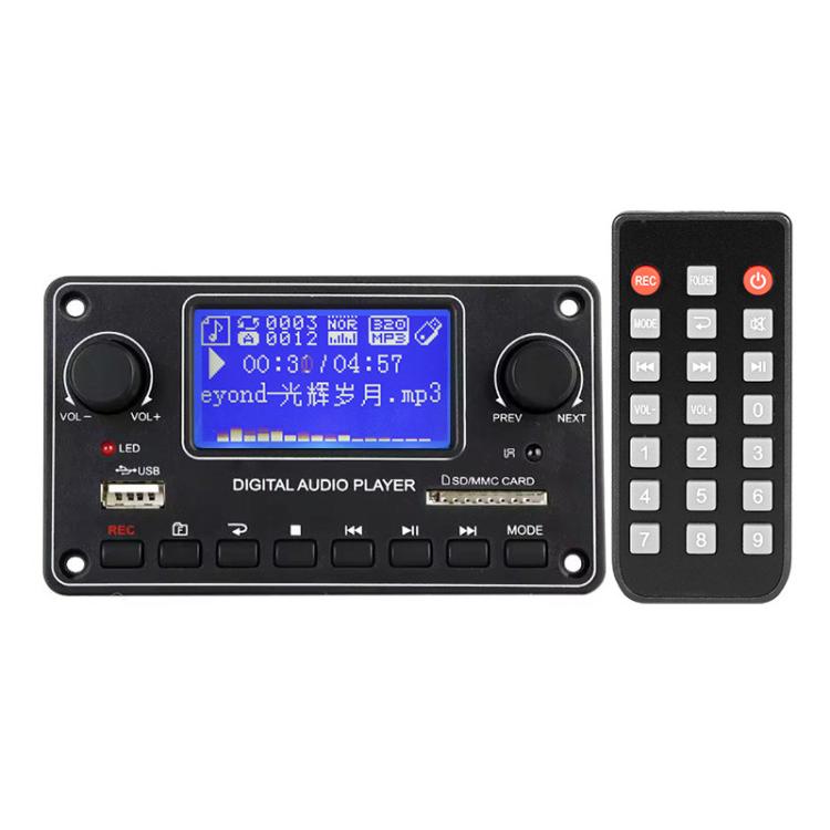 Digital audio player decoder board with LCD display, rotary volume knobs, and remote