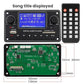 Digital audio player decoder board front and back panel with remote, shown with dimensions