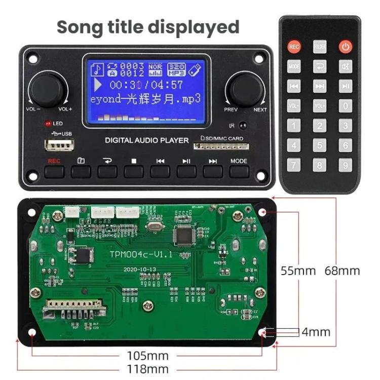 Digital audio player decoder board front and back panel with remote, shown with dimensions