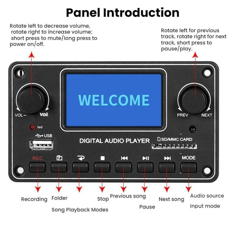 Digital audio player decoder board control panel with LCD and two volume knobs