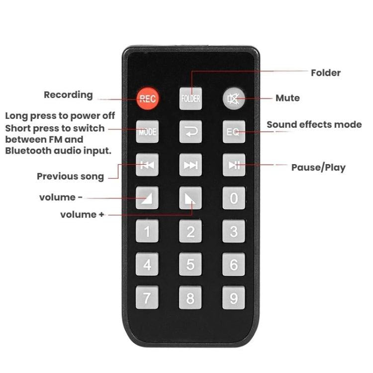 Black IR remote control for audio player decoder with REC and number buttons