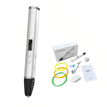 Silver 3D printing pen kit with OLED screen, detachable body, and temperature control