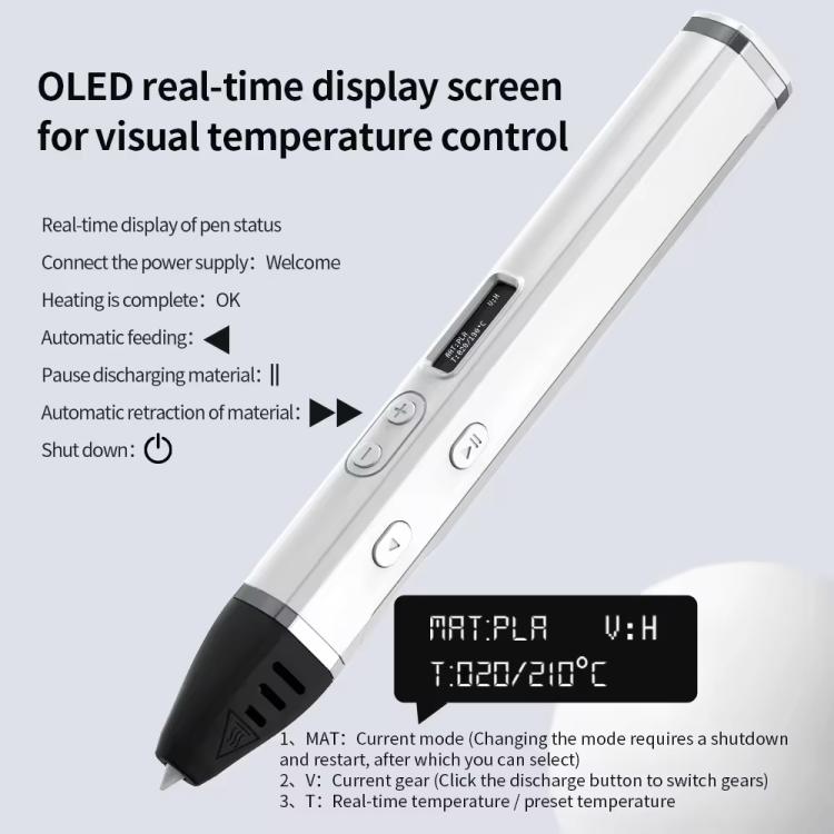 3D printing pen with white body, black tip, and OLED temperature display