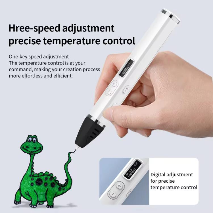 3D printing pen with white body and hand controls for three-speed temperature adjustment