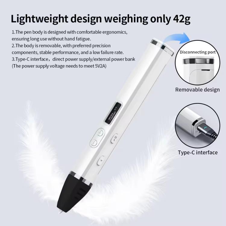 3D printing pen with white body and Type-C power interface, black nozzle