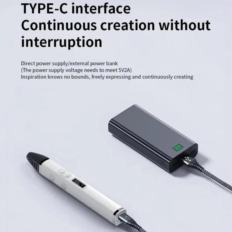 3D printing pen with Type-C cable connected to a power bank, screen shows temperature