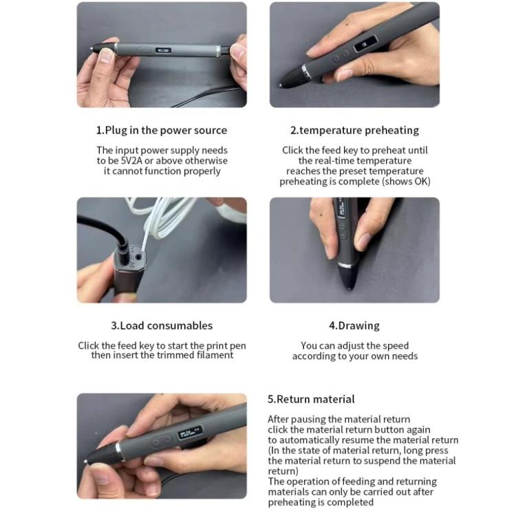 3D printing pen in use: hands connect power, preheat, and draw with filament