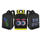 Three mini backpacks with pixel character graphics in black, lime, and dark blue