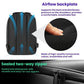 Black backpack with blue airflow back panel and sealed two-way zipper