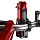 Red and black bike bottle holder with metal clamp mount and drink cage