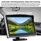 5-inch in-car monitor display showing scenic rear view with black camera mount
