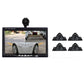 Car rearview monitor with live image plus four black dome cameras on mounts
