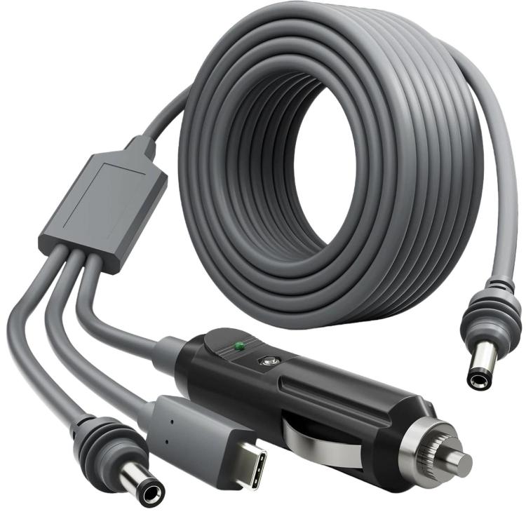 Coiled car power cable with DC plug and multi-connector ends, gray, 3 m
