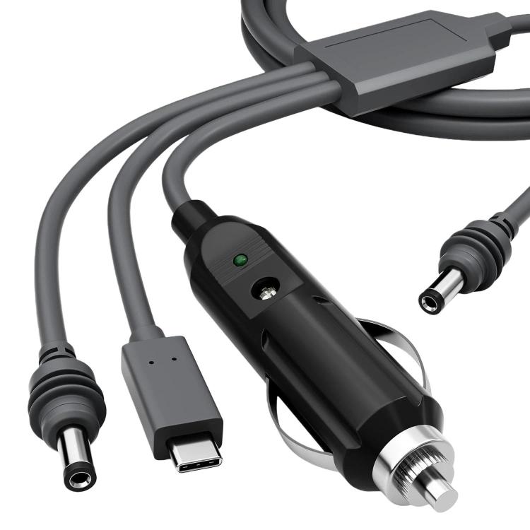 Car DC charger cable with USB-C and DC barrel connector ends, gray