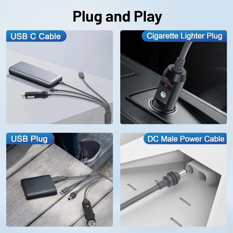 Car charging cable set with USB and cigarette-lighter plug connectors, gray