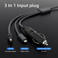3-in-1 car charger cable with DC, USB, and cigarette-lighter plugs, gray