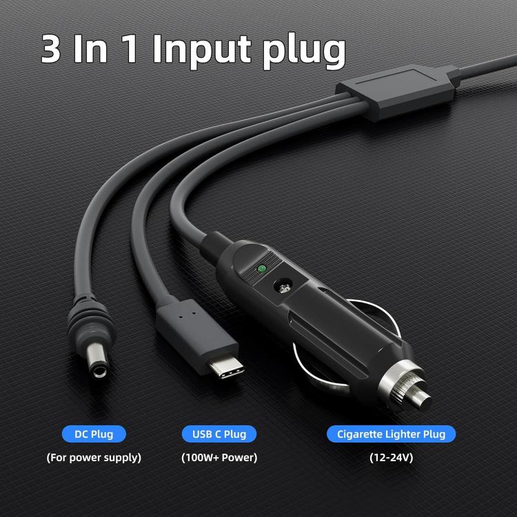3-in-1 car charger cable with DC, USB, and cigarette-lighter plugs, gray
