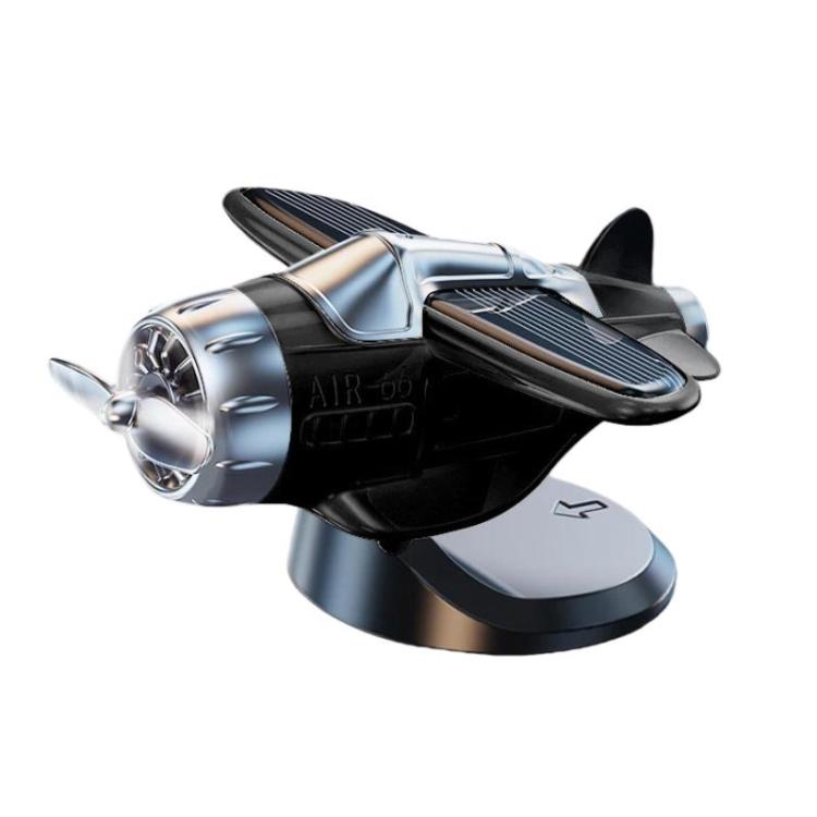 Silver and black solar-powered airplane dashboard ornament with rotating base