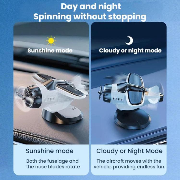 Silver and black solar-powered airplane dashboard ornament on rotating base