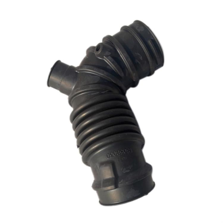 Black molded air intake hose with ribbed corrugation and angled outlet