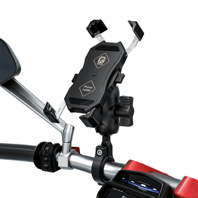 Motorcycle phone holder with adjustable clamp and secure one-click mount